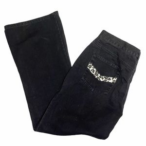 Vintage Y2K Black Leopard Print Stripe Back Pocket Flare Leg Jeans